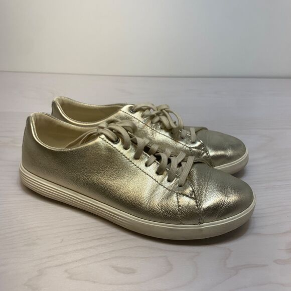Cole Haan Shoes Womens 8 B Sneakers W20290 Embossed Gold Leather Lace Up - Picture 1 of 10